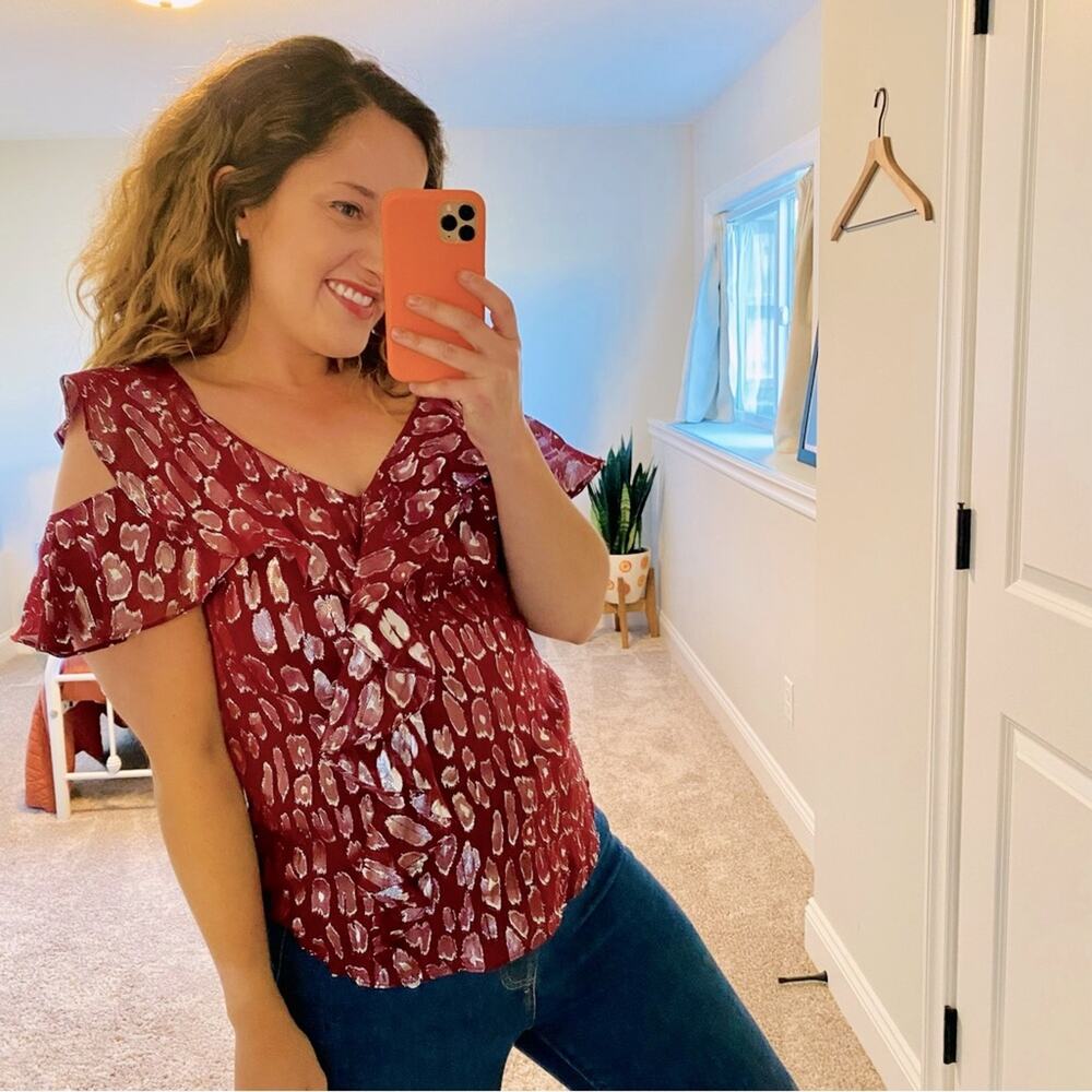 Veronica Beard Red Silver Silk Metallic Blouse Top 4